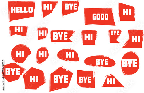 playful yellow speech bubbles with basic greetings hi hello welcome bye yes no vector.Hello speech bubble. Hello text. Hand drawn quote.  Doodle phrase. 