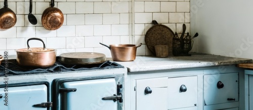 Charming Farmhouse Kitchen Interior Featuring Vintage Copper Pots and Rustic Wooden Beams