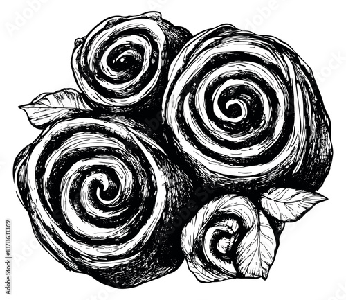 Hand drawn line art pastry set featuring cinnamon rolls and leaves for bakery menu design