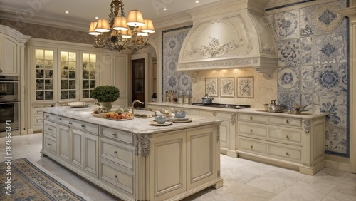 Elegant Custom-Built Luxury Kitchen with Ornate Details and Marble Island