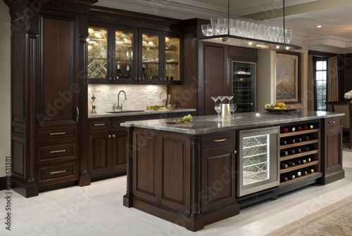 Luxurious Gourmet Kitchen with Central Island, Built-in Wine Fridge and Elegant Cabinetry