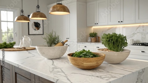 Luxurious Marble Kitchen Countertops Gleam Under Warm Pendant Lights, Showcasing Elegant Design and Culinary Preparation