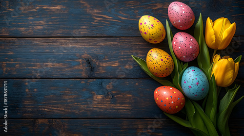 Colorful Easter eggs and yellow tulips arranged on wooden background for spring celebration