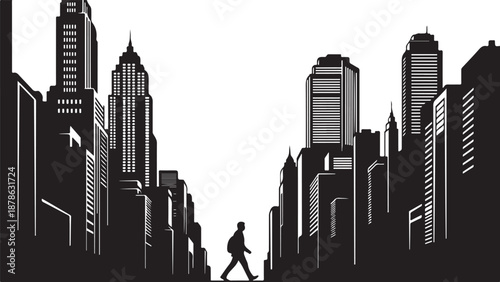 Man walking through cityscape with skyscrapers and urban landscape