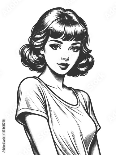 young woman with vintage hairstyle and confident expression, blending classic beauty with modern charm sketch engraving generative ai vector illustration. Scratch board imitation. Black and white.