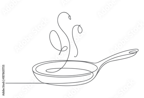 Minimal One Line Frying Pan with Steam Vector Illustration, Modern Kitchen Cooking Icon.