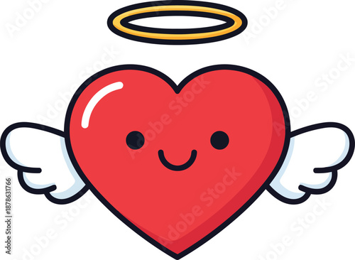 Cute red cartoon heart character with a smiling face angelic wings and a golden halo.