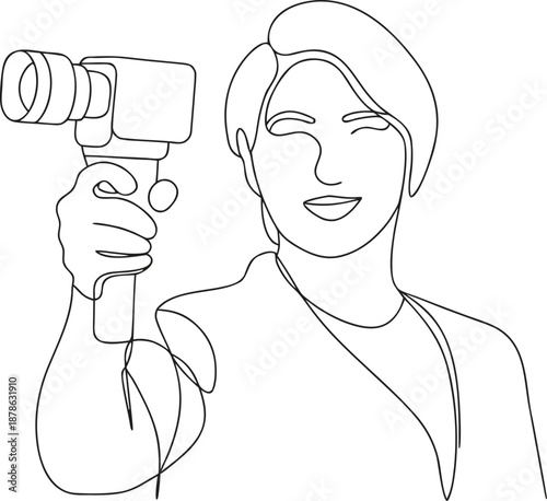 Woman holding a video camera and smiling  one line drawing