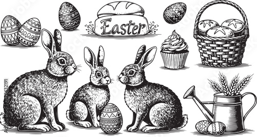 Hand-drawn easter bunnies and holiday elements set Vector