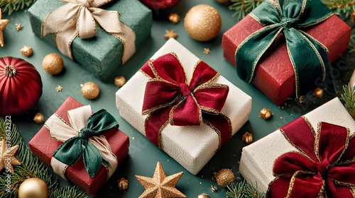 Festive Holiday Gift Boxes with Red Green Bows and Gold Ornaments