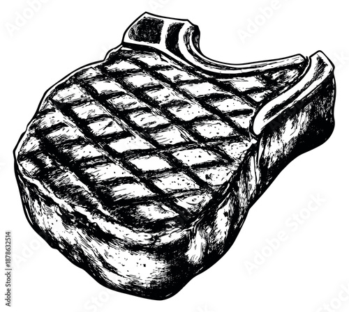 Hand drawn line art illustration of steak depicting grilled marks for restaurant menu design