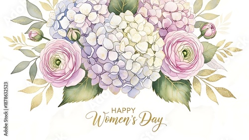 A delicate watercolor arrangement of hydrangeas and roses celebrates women s day with pastel hues and lush greenery