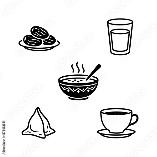 Islamic Iftar Food Icons Set, Ramadan Kareem Meal Elements for Breaking Fast