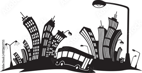 Black and white cityscape with bus and skyscrapers illustration