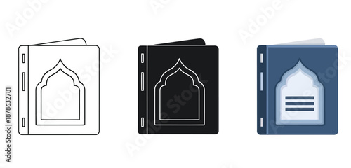 Icon Set of Books Vector Set in Three Styles — Line Art, Silhouette and Color Version for Islamic Design, App UI, Posters and Branding