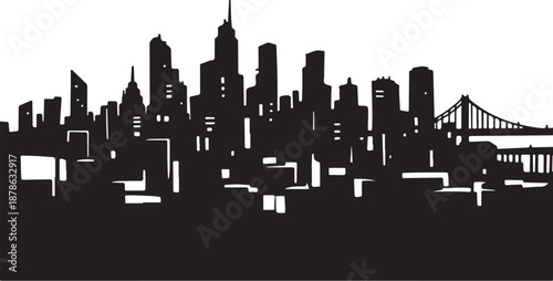Black silhouette of a city skyline with bridge