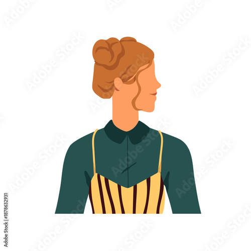Woman in profile. Young female character with hair strand on face. Person wit...