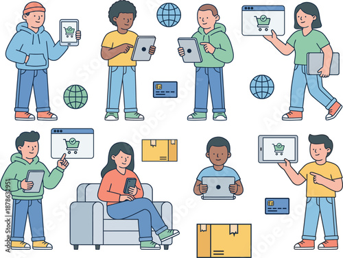 Vector illustration of people using e-commerce platforms, showing online shopping, digital payment, order tracking, and package delivery.