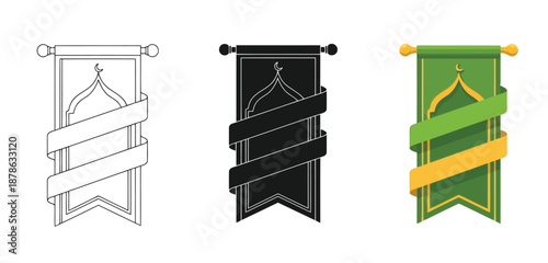 Islamic Banners with Crescent Moon Vector Set in Three Styles — Line Art, Silhouette and Color Version for Islamic Design, App UI, Posters and Branding
