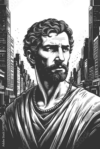 powerful, mythic-looking man towering over a busy modern cityscape, blending ancient heroism with urban drama sketch engraving generative ai vector illustration. Scratch board. Black and white image.