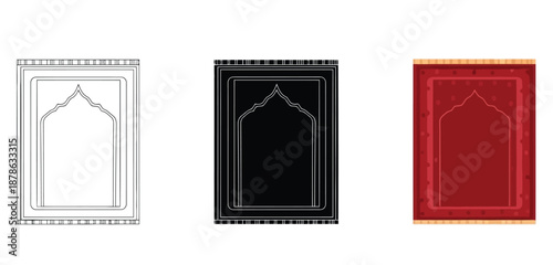 Islamic Prayer Rugs Vector Set in Three Styles — Line Art, Silhouette and Color Version for Islamic Design, App UI, Posters and Branding