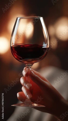Hand holding a glass of red wine in softly lit setting  