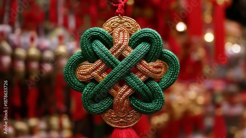 Decorative knot symbol in green and gold against red backdrop  