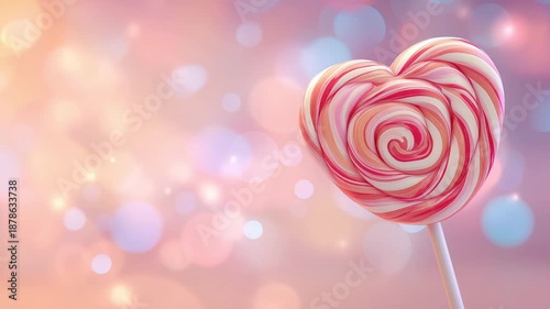 Heart-shaped lollipop with pink swirls on colorful bokeh background  