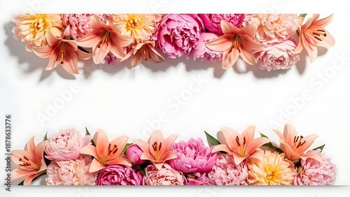 A vibrant flat lay of assorted fresh flowers including peonies lilies and chrysanthemums arranged on a white background