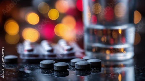 Black pills scattered next to glass of water on reflective surface  