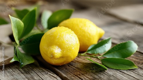 Fresh lemons with green leaves on wooden surface  