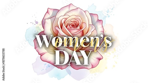 A beautiful watercolor rose with the text women s day gracefully overlaid representing celebration and feminine beauty
