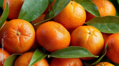 Fresh oranges with green leaves arranged on wooden surface  