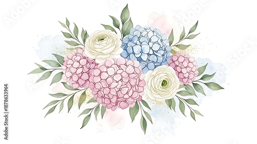 a delicate watercolor illustration featuring a vibrant bouquet of hydrangeas roses and lush green foliage high quality