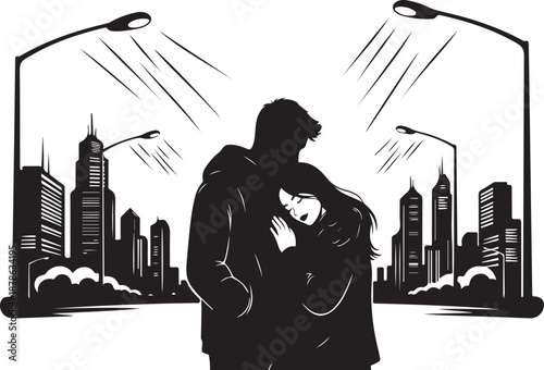 Romantic Couple Silhouette in Cityscape at Nighttime