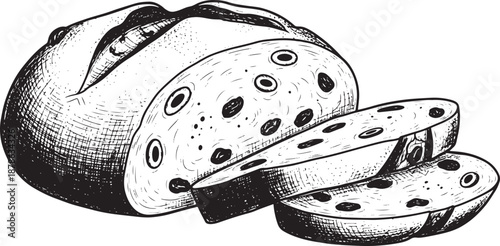 Hand-drawn olive bread loaf with slices sketch Vector