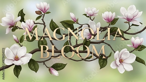 a delicate branch of blossoming magnolia flowers with pale pink and white petals gracefully arranged on a blurred backdrop