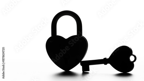 A heart-shaped padlock with an antique key nearby on a plain white surface viewed from the front