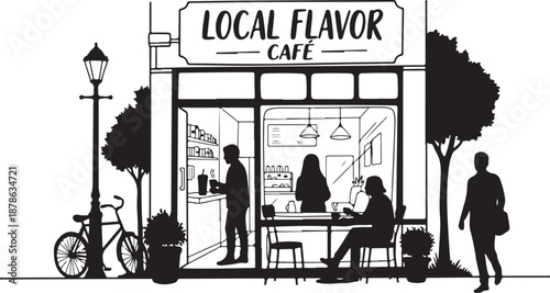 Silhouette of people outside a local flavor cafe store