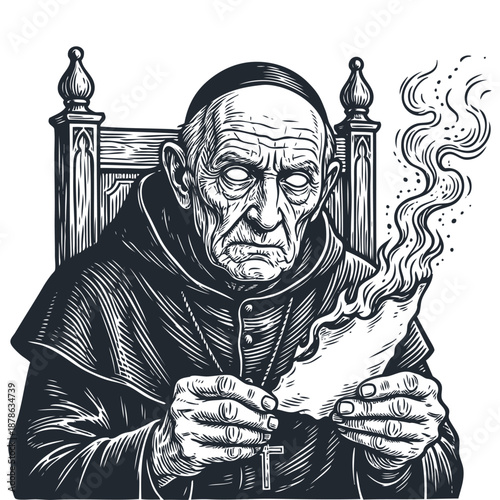 Vector illustration of a blind old monk or inquisitor burning a paper scroll. Dark, gothic art in a detailed, vintage engraving or woodcut style.