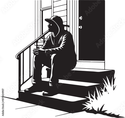 Man sitting on porch steps in black and white