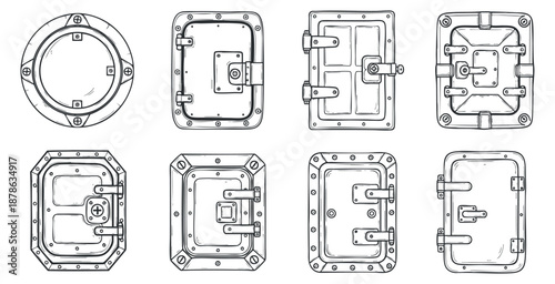 A collection of various marine hatches and doors in detailed outline vector style, perfect for engineering and industrial design projects