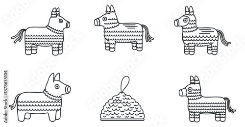 A collection of pinata illustrations in outline vector style, ideal for party decorations and festive designs