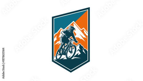 Mountain biker descending a steep, rocky trail with a majestic mountain range in the background, depicted in a stylized emblem.