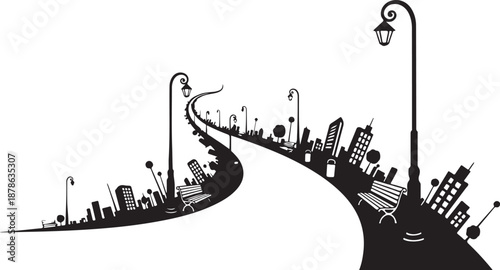 City Skyline Silhouette with Winding Road and Street Lights
