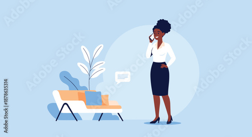 Successful black businesswoman talking on her smartphone while standing in a modern office or living room environment.