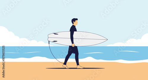 Surfer wearing a black wetsuit walking along the shore of a beach while carrying a surfboard toward the ocean waves.