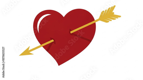 Red heart pierced by golden arrow, symbolizing love and passion, vector illustration, flat design, Valentine's theme