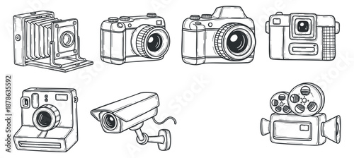 A collection of various camera types including vintage, modern, and surveillance cameras in clean black and white outline vector style, perfect for photography-related projects