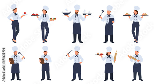 Set of professional chefs and restaurant staff characters in white uniforms carrying food trays and kitchen utensils.